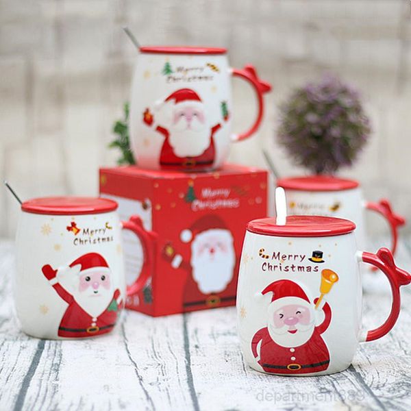 

christmas gift cartoon santa claus printed lid spoon creative lovely porcelain office cute fashion coffee cups mugs owa1704