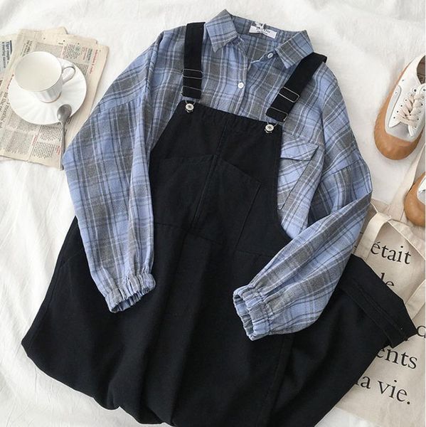 

harajuku casual overall set women summer two piece set fashion blue long sleeve plaid blouse + black loose long pant summer1, White