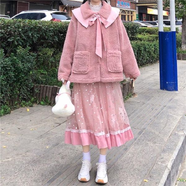 

autumn winter sweet lace-up bow turn-down collar lambswool coat women ruffles feather tulle long skirt loose casual warm jackets1, Gray