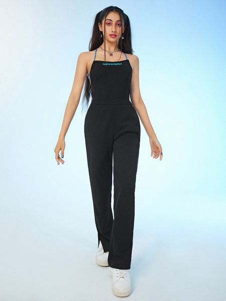 

letter embroidery criss cross lace up backless split hem cami jumpsuit c8st#, White