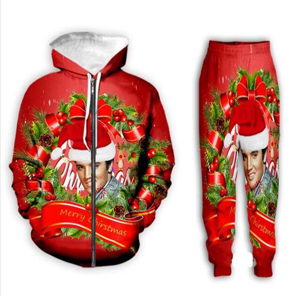 

2020 new fashion men/women christmas zipper hoodie and pants two-piece fun 3d overall printed tracksuits, Gray