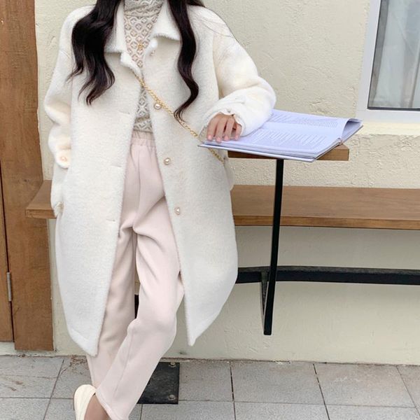 

lucyever sweet faux fur thick warm coat womens 2021 winter christmas turn-down collar pearl buttons coats woman vintage overcoat, Black
