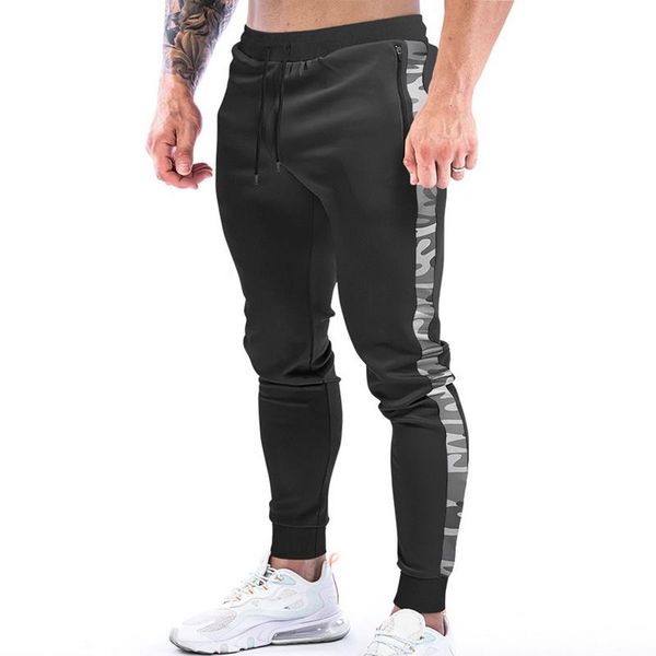 

men's fitness training large size sports warm pants jogger men's print casual feet sports pants weight loss bottoms sportswear, Black