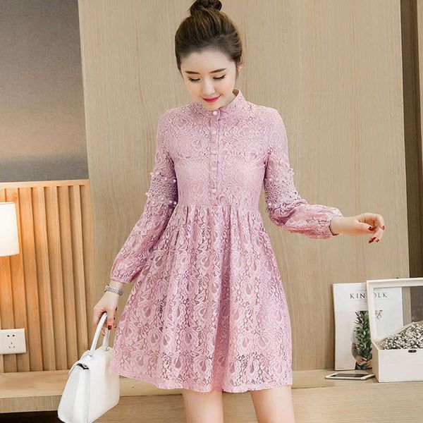 

stand spring new style small fragrance collar lace lantern sleeve dress sweet loose a-line skirt, Black;gray