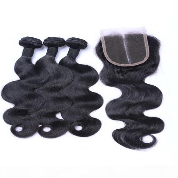 

malaysian hair with closure 3 or 4pcs body wave human hair weft with closure royalty hair products, Black
