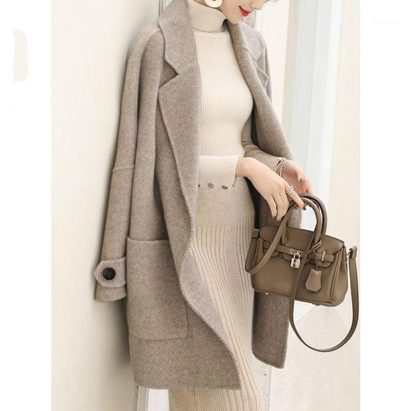 

women 202 autumn winter cashmere long coat elegant turn down collar woolen coats female casual warm outwear casaco feminino s3291, Black