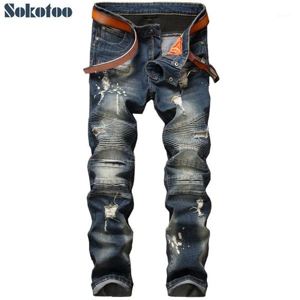 

sokotoo men's holes ripped biker jeans for motorcycle casual slim straight patchwork distressed torn denim pants1, Blue