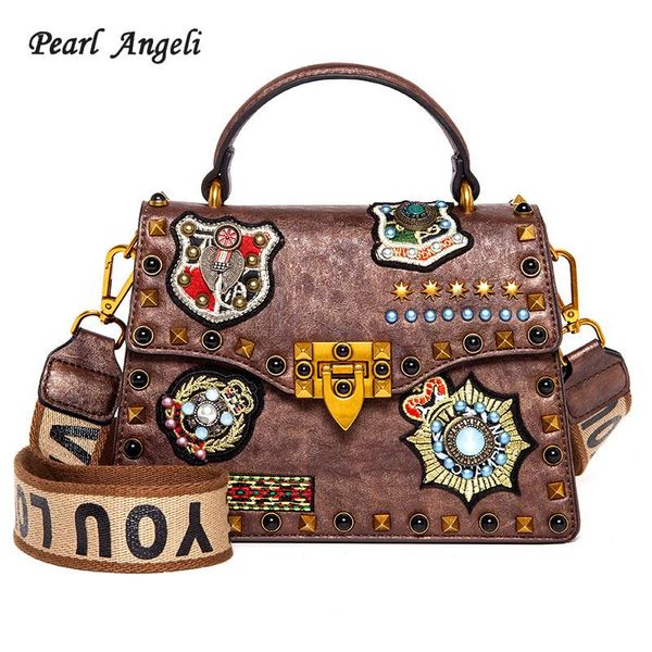 

pearl angeli vintage women bag cartoon printing rivet office ladies pu leather crossbody bag handbag bolsas feminina