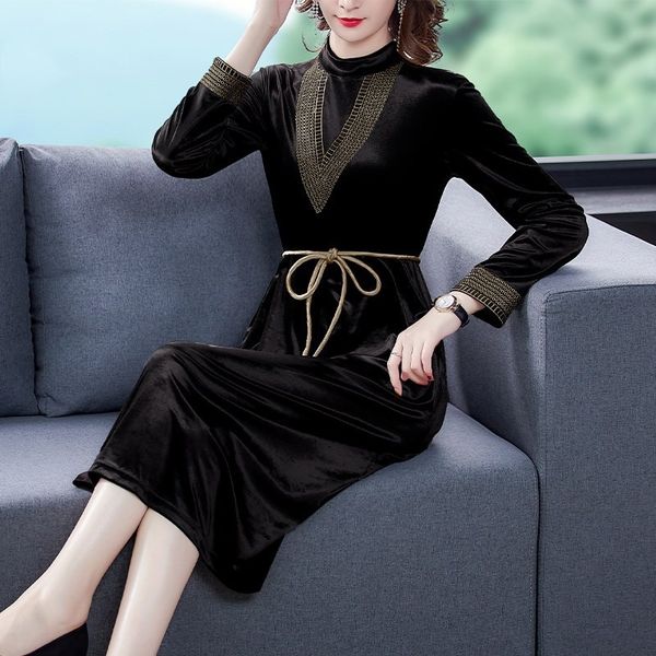 

velvet women's new autumn winter 2020 dress embroidered dress korean standing collar embroidered slim fit medium length ovj2i, Black;gray