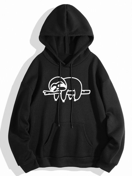 

sloth print kangaroo pocket drawstring thermal hoodie u04t#, White;black