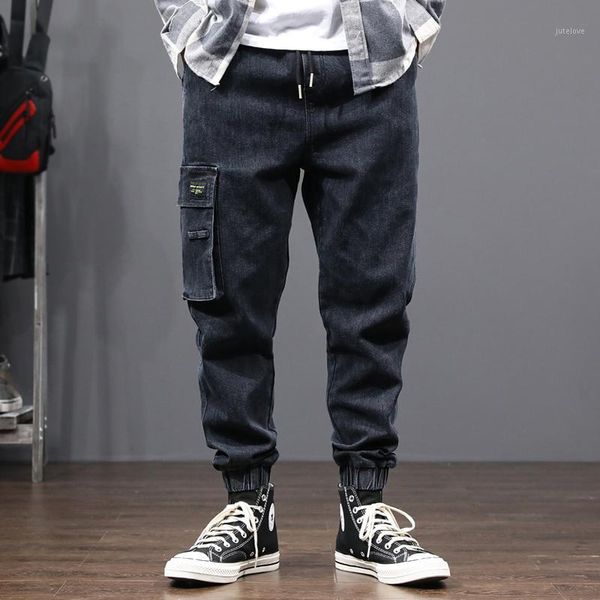 

2020 new style fashion men jeans loose fit big pocket denim cargo pants designer hip hop jeans men joggers pants1, Blue
