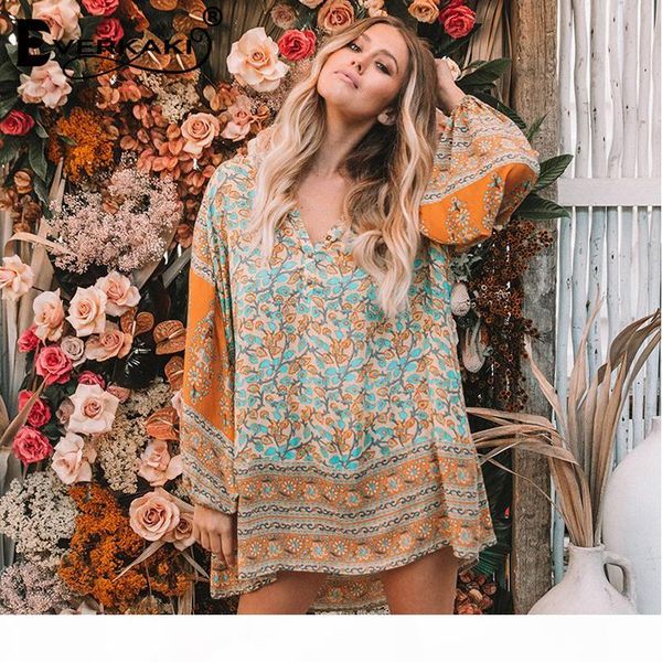 

everkaki women boho gypsy floral print cotton mini dress button o neck long sleeve loose bohemian dress female 2018 summer new, Black;gray