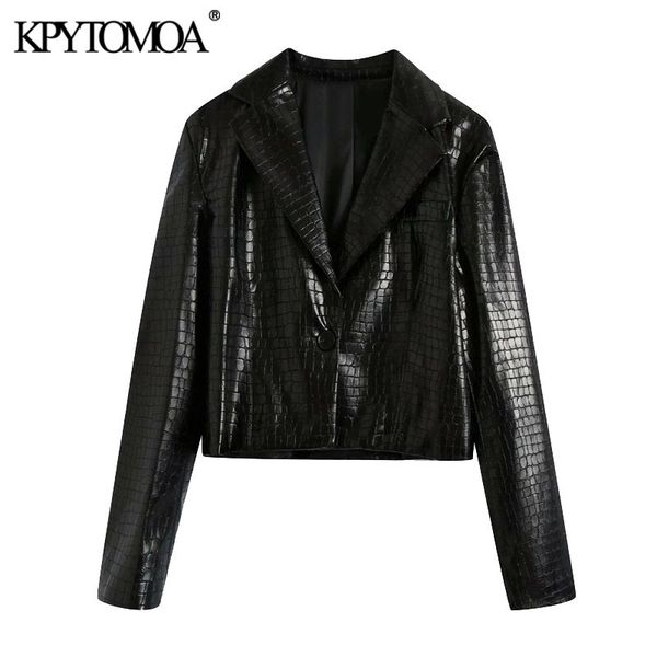 

kpytomoa women fashion faux leather cropped blazer coat vintage long sleeve single button female outerwear chic 201201, White;black