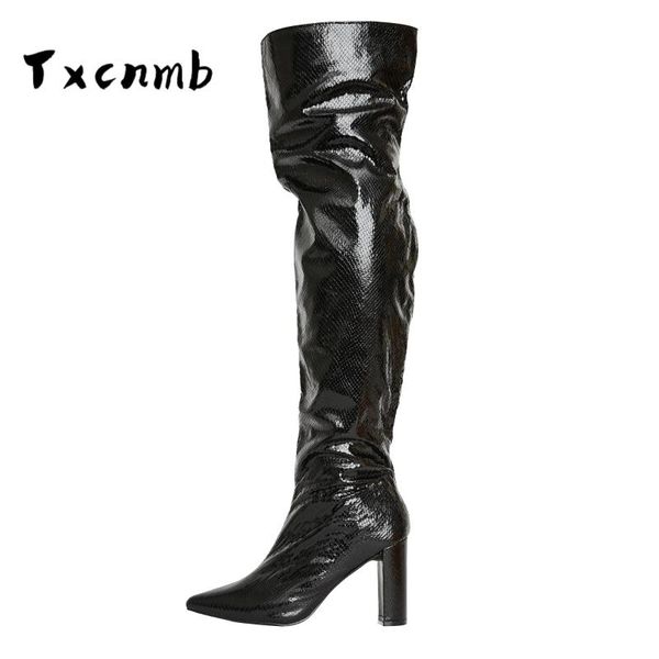 

txcnmb knee high boots for women dress 2020 new hit genuine leather quality high heels boots night club party shoes, Black