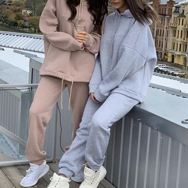 

autumn fleece sports pockets women's suits long sleeve drawstring female hoodies sweatpants suit casual tracksuit running sets, Black;blue