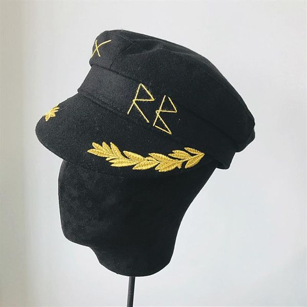 

stingy brim hats autumn warm girls female beret cap embroidery letter retro black hat gorros sboy octagonal, Blue;gray