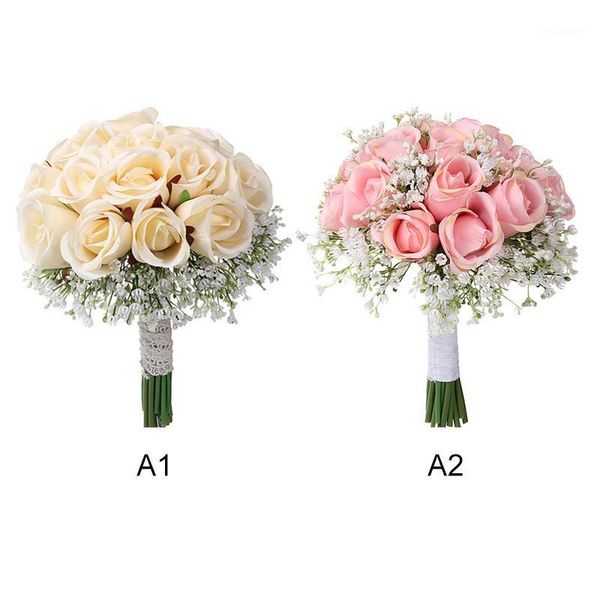 

hand holding artificial flowerb bouquet for wedding bride fake flower bouquet european chaise longue rose flower home decoration1
