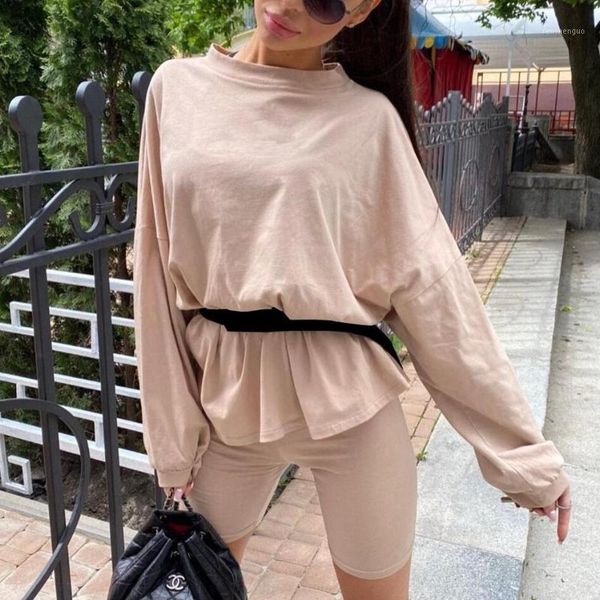 

areqw 2020 new women's two-piece suit containing waistband long sleeves solid color home loose sports fashion leisure suit1, Gray