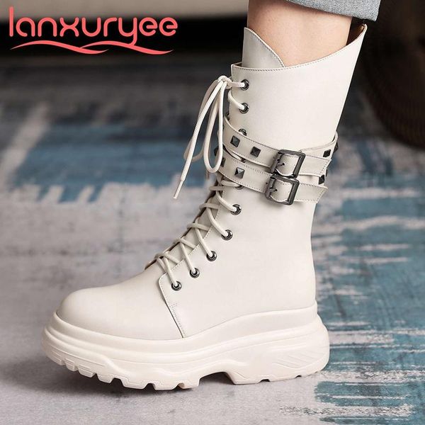 

lanxuryee flat platform round toe thick bottom riding boots genuine leather rivet young lady mid-calf boots l12, Black