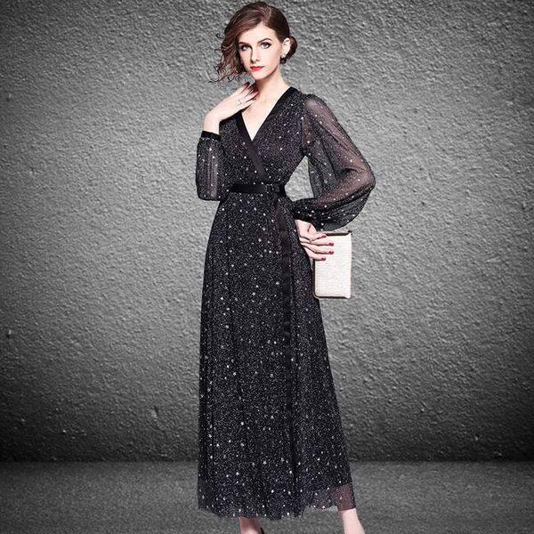 

8w5cw весна 2019 новых женщин длинная юбка lanternpajamas фонариков длина одежды темперамент стиль сетки перспективы фонарь рукав пижамы dre, Black;gray