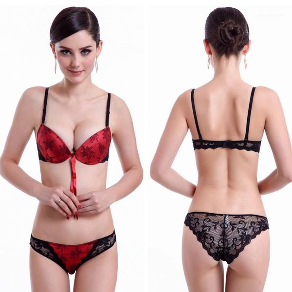 

bras sets women lingerie underwear set lace floral push up bra+knickers size 32-38 b c cup1, Red;black