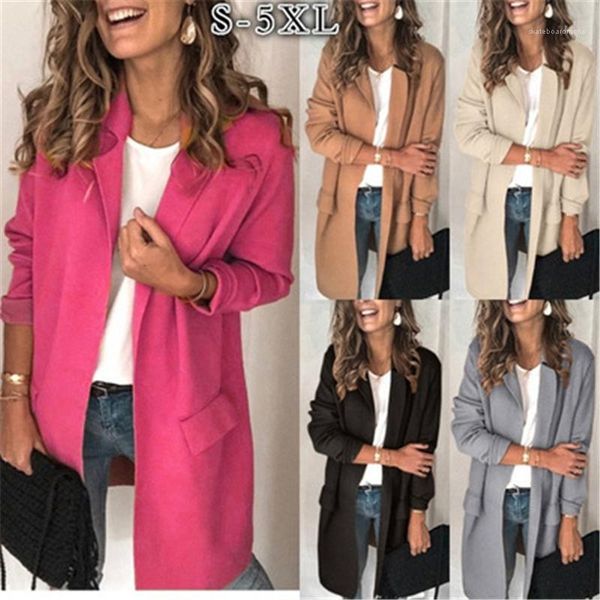 

cardigan suit jacket fashion trend long sleeve lapel mid-length blazers female winter fake pocket casual loose suit coats women solid color, White;black