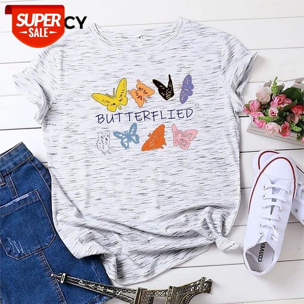 

jfuncy plus size women cotton t-shirt summer short sleeve oversize tshirt butterfly print casual loose female tee shirts #x24r, White