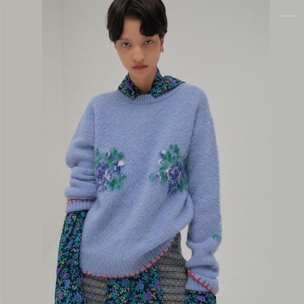 

flowers sweater women blue wool sweater and pullover jumper winter warm knitted knitwear 2020 new1, White;black