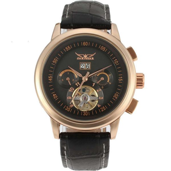 

out watch jaragar mechanical new hollowed automatic tourbillon men's watch men's business belt calendar watch, Slivery;brown
