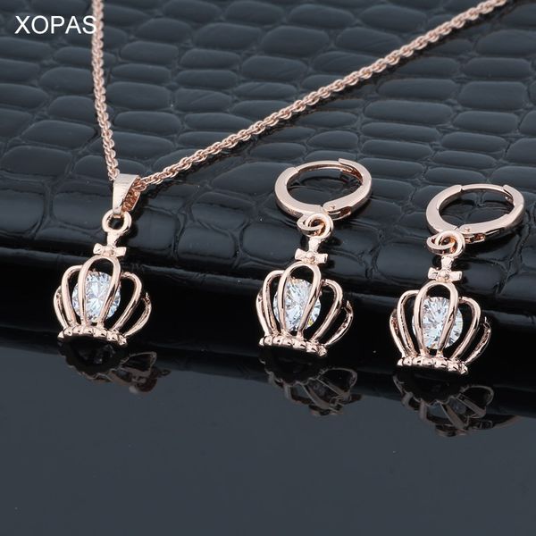

xopas оптовая 585 розовое золото цвет комплекты ювелирных изделий cz корона ожерелье серьги изысканный подарок для женщин, Silver