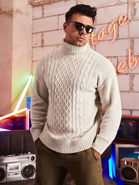 

extended sizes men drop shoulder turtle neck cable knit sweater h9vg#, White;black