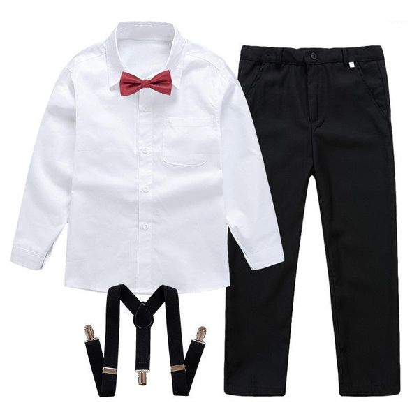 

spring autumn boy gentleman suits black white shirt with red bow tie+suspender+trousers 2pcs formal kids clothes set1, White;black