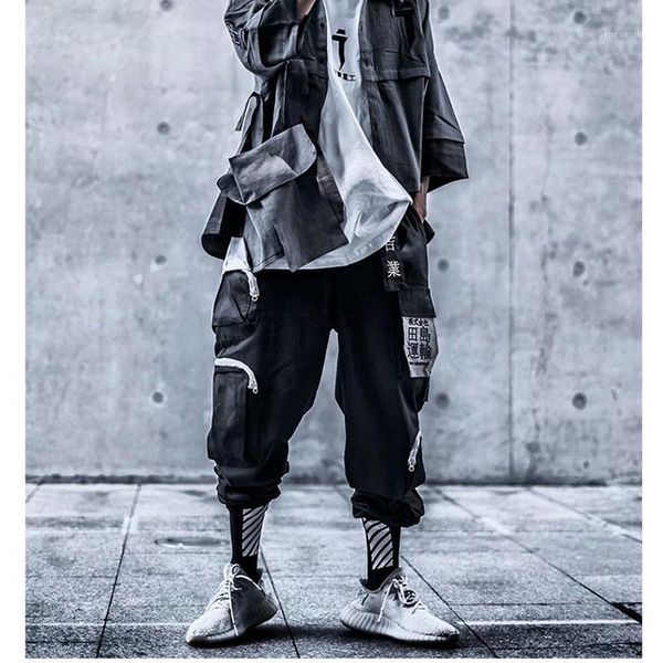 

men high street harem pants multi pockets harajuku streetwear hip hop dark style trousers elastic waist sweatpants, Black