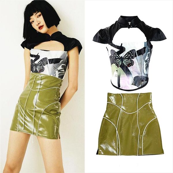 

two piece set women runway designer high fashion crop women and pu leather high waist skirts womens clothes for sl110, Gray