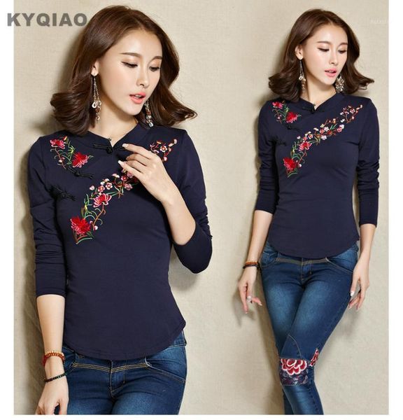 

kyqiao clothes-china camisas femininas ethnic hippie mandarin collar long sleeve dark blue white green black yellow blouse1