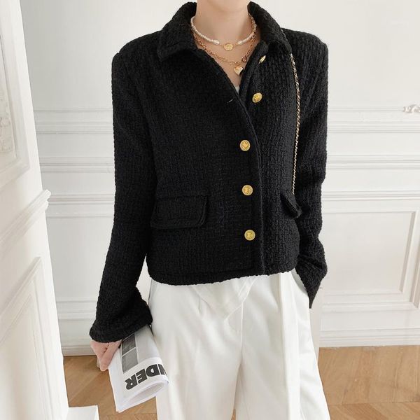 

2020 fall/winter new tweed wool knit small jacket black gold button simple women's
