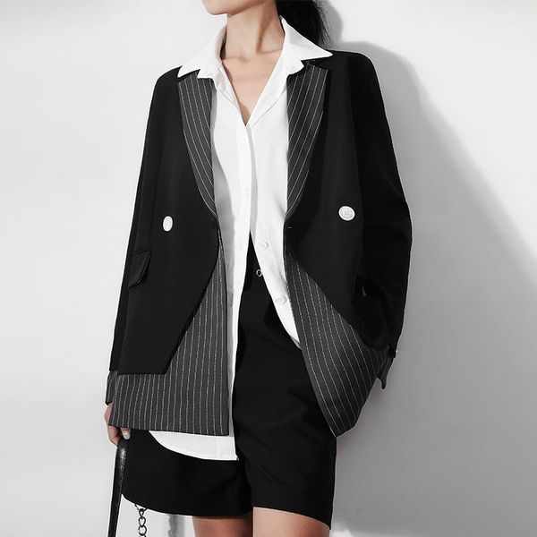 

ewq] 2020 autumn new sweet women jacket loose black suits outwear ladies office coat stitching fake 2 piece striped blazer, White;black