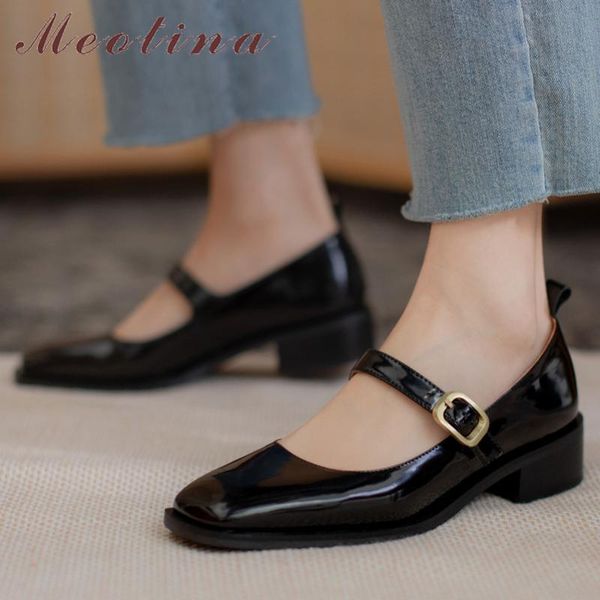 

meotina square toe pumps women genuine leather mid heel mary janes shoes buckle strap thick heels shoes ladies footwear coffee, Black