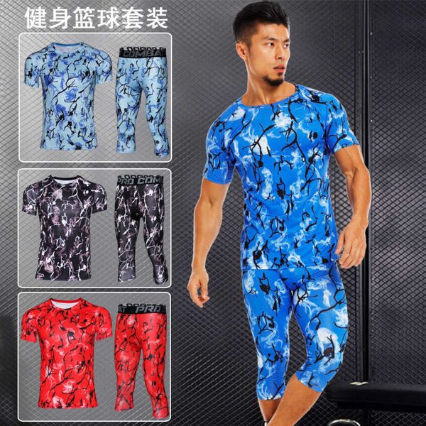 

tights camouflage short sleeve capris sports two piece suit quick drying bottoming breathable fitness clothes for men, Gray