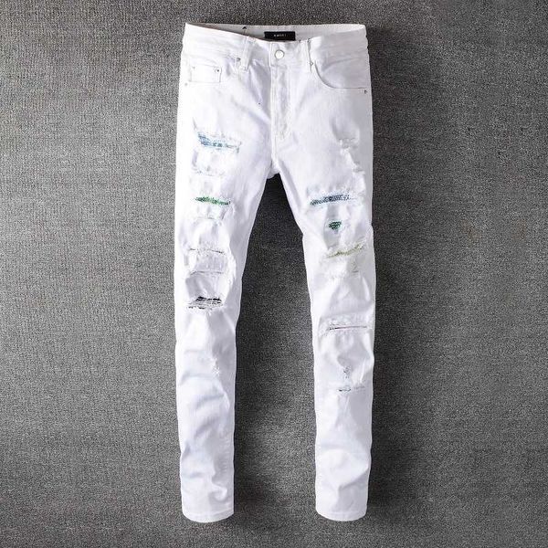 

fashion street fashion hole men's jeans white patch micro elastic slim hip hop pants men's fashion pants, Black