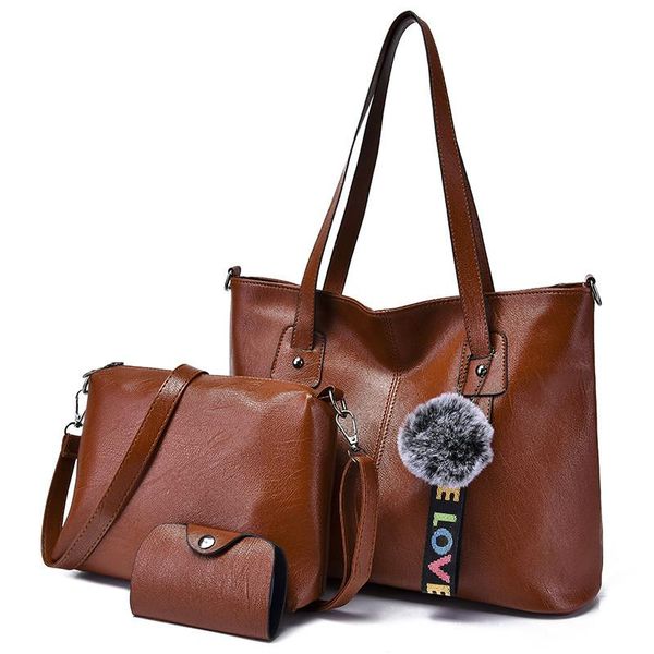 

soft leather women bag set handle big capacity female tassel hairball letter women handbag ladies shoulder crossbody bags