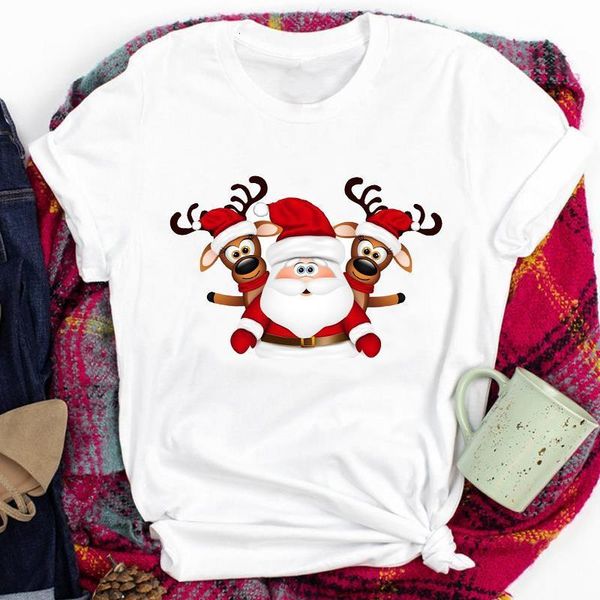 

santa claus deer funny printing clothing tees for women lady merry christmas print tshirt clothes graphic female t t-shirt, White