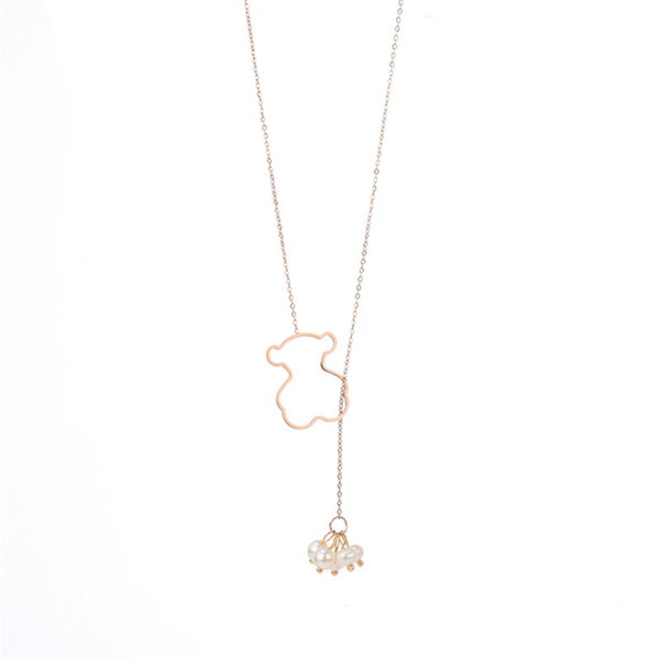

2021 women fashion jewelry stainless steel necklace cute heart bear design pearl necklace pendant chain, Silver
