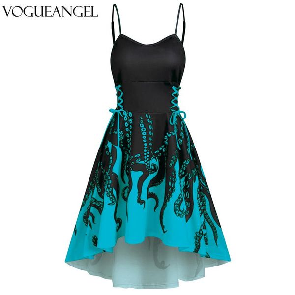 

vintage print summer dress women 2021 strapless backless high low lace up dresses ocs print cami empire waist dress 3xl, Black;gray
