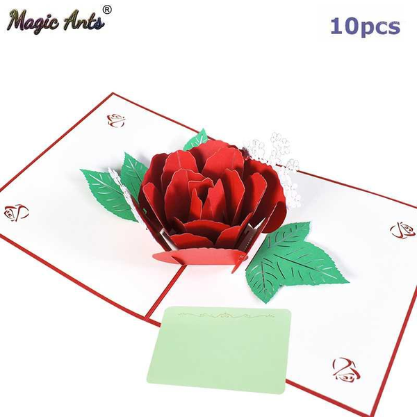 

10 pack wholesale a bouquet of rose 3d -up card birthday gift with envelope sticker laser cut invitation greeting card1