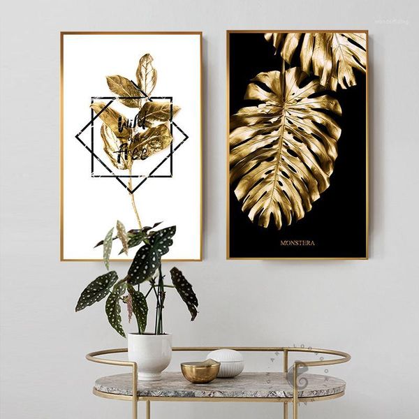 

black and gold pineapple monstera plant painting large leaf poster print wall art for living room aisle unique modern decoration1