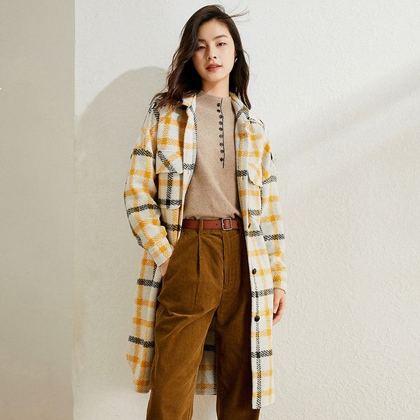

2021 new women's jacket 95% wool winter new long-style yellow and white plaid lapel single-breasted fashion coat3q style shirt jc7n, Black