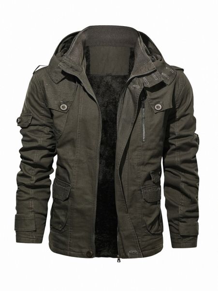 

men flap pocket teddy lined hooded coat a8t8#, Black;brown