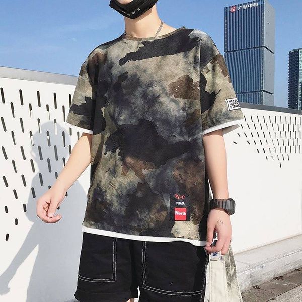 

2019 summer trend men cool casual round neck camouflage men t shirt fashion fake two pieces hip hop mens half sleeved t shirt, White;black