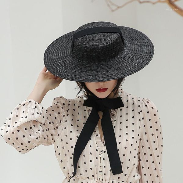 

Wide Brim Black Straw Hat Women Long Ribbon Vintage Style Summer Hats Lace-Up Vacation Beach Sun Hat UV Protection Visor Cap1, Blue;gray